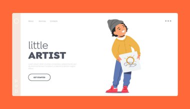 Küçük Sanatçı İniş Sayfa Şablonu. Güneş ve Bulutların Çocuk Tutma Çizimleri. Çocuk Karakteri Yaratıcılığı, Yetenekler, Resim Hobisi, Eğitim Sınıfı Konsepti. Çizgi film İnsanları Vektör İllüstrasyonu