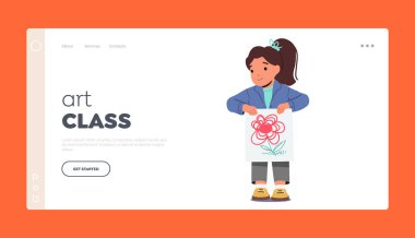 Sanat sınıfı iniş sayfası şablonu. Çocuk Tutma Çizimleri. Kağıtta Küçük Kız Karakter Gösterisi Çiçeği. Çocukların Yaratıcılığı, Yetenekleri, Resim Hobisi veya Eğitim Konsepti. Çizgi film İnsanları Vektör İllüstrasyonu