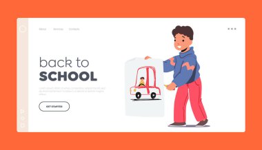 Okul İniş Şablonu 'na dönüyoruz. Araba ve Sürücü Resimli Çocuk, Küçük Çocuk Tutucu Resmi. Çocuk Sanatları, Yaratıcılık, Yetenekler, Resim Hobisi veya Eğitim. Çizgi film İnsanları Vektör İllüstrasyonu