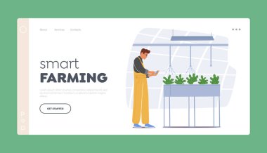 Akıllı Çiftçi İniş Sayfa Şablonu. Tarım şirketlerinin otomasyonu için mobil uygulamalı, çok ve yenilikçi teknolojili serayı yöneten çiftçi karakteri. Çizgi film Vektör İllüstrasyonu