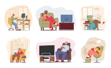 Huzur Evi 'nde huzur içinde yatsın. Yaşlı Erkek ve Kadın Karakterler Bilgisayarda Oynuyor, Pop Corn ile TV izliyor, Gazete okuyor, İnternet üzerinden Laptop ile İletişim kuruyor. Çizgi film Vektör İllüstrasyonu