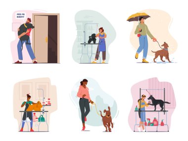 Bir grup insan köpeklerle vakit geçiriyor. Erkek ve Kadın Karakterler Yürüyüş, Tanışma, Bakım Evcil Hayvanı. Sahibi ve Mutlu İlişkiler, Sevgiler, Arkadaşlık ve Bakım. Çizgi film Vektör İllüstrasyonu
