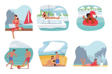 İnsanlar Plaj Tatil Köyü 'nde Rahatlar. Rahat Erkek ve Kadın Karakterler Laptop 'ta, Yatta Bronzlaşma, Kokteyl ile Şişme Yüzük Yüzüğü, Deniz Kıyısı' nda Top Oynama. Çizgi film Vektör İllüstrasyonu