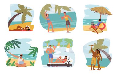 Summer Beach 'te İnsanları Rahatlat. Tatil Günlerinde Erkek ve Kadın Turist Karakterleri, Deniz kıyısında çalışmak, Kokteyl içmek, Selfie yapmak, Oynamak. Çizgi film Vektör İllüstrasyonu