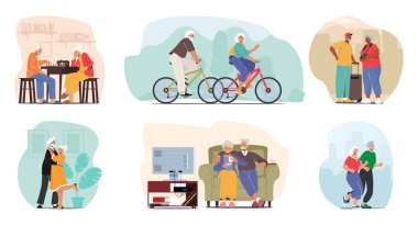 Kıdemli Aktif Çift Yaşam Tarzı ve Eğlence Faaliyetleri. Yaşlı Yetişkin Erkek ve Kadın Karakterler Satranç, Binici Bisiklet, Dans, Seyahat, Televizyon, Koşu. Çizgi film İnsanları Vektör İllüstrasyonu