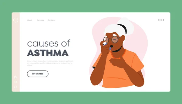 Causes Asthma Landing Page Template Senior Female Character Use Inhaler — Image vectorielle