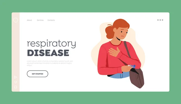 Respiratory Disease Landing Page Template Female Character Asthma Attack Taking — Image vectorielle