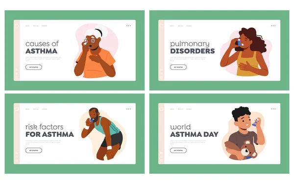 Characters Suffer Asthma Landing Page Template Set Adults Seniors Kids — Image vectorielle