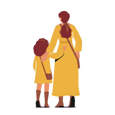 Anne ve kız kucaklaşması. Sevgili Anne ve Kızına Sarılma Arka Görüş Beyaz Arkaplan 'da izole edildi. Kadın Aile Karakterleri Sevgi, Teselli, Anneler Günü Konsepti. Çizgi film İnsanları Vektör İllüstrasyonu