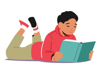 Okula, eğitime ya da öğrenme konseptine dönüş. Yerde yatan çocuk, beyaz arka planda tecrit edilmiş kitap okuyor. Öğrenci Karakteri Sınava Hazırlan, Bilgi Topla. Çizgi film Vektör İllüstrasyonu