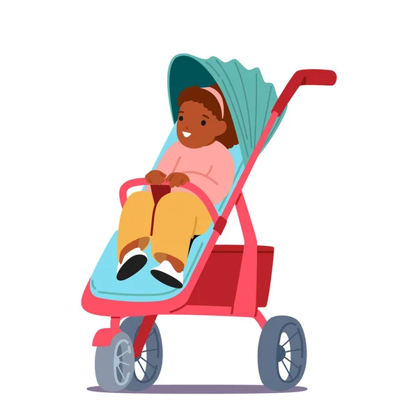 かわいい赤ちゃんの女の子は白い背景に隔離されたプッシュチェアで子供に座っています 黒の幼児の文字は プログラムで座って 街を歩くためのベビーカー馬車 漫画人ベクトルイラスト — ストックベクタ