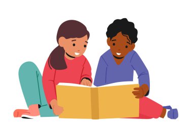 Çocuklar okuyor, liseli kız ve erkek öğreniyor, beyaz arka planda izole edilmiş peri masalı okuyor. Yerde Oturan Kitap Okunan Karakterler. Eğitim ve Bilgi Konsepti. Çizgi film Vektör İllüstrasyonu