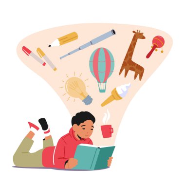 Yerde Yalan Söyleyen Kitap okuyan, Çocuk Karakteri okuyan, Kütüphanede Öğrenen ya da Okumaktan keyif alan Küçük Çocuk. Okul Eğitimi, Bilgi Kavramı. Çizgi film Vektör İllüstrasyonu