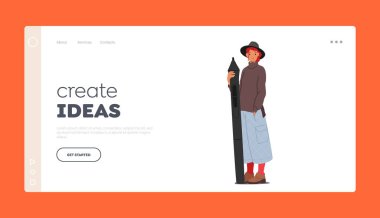 Fikirler İniş Sayfa Şablonu Oluştur. Tablet Bilgisayarında Çizim İçin Yaratıcı İnsan, Tasarımcı ya da Sanatçı Kadın Karakteri Giyinme Moda Giysileri Tutucu Devasa Dijital Kalem Aracı. Çizgi film İnsanları Vektör İllüstrasyonu