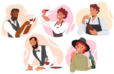 Sommelier ya da Stewards Şarap Degustation seti. Restoran Uzman Karakterleri İçki, Şarap Hizmeti, Menü Sertifikası, Uluslararası Seyahat Birliği. Çizgi film İnsanları Vektör İllüstrasyonu