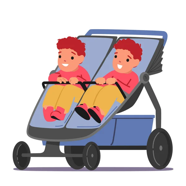 双子の幼児のカップルは白い背景に隔離された二重ベビーカーに座っています かわいい子供たちキャラクターストリートプロムナードのためのウォーキングプログラム ベビーキャリッジに座っています 漫画人ベクトルイラスト — ストックベクタ