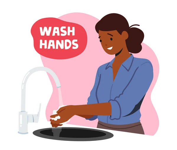 健康管理と免疫幸せな女性とのコンセプトを後押し手を洗う 衛生手順陽気黒の女性の文字を持つバナーウォータージェットの下に石鹸で手のひらを洗う 漫画ベクターイラスト — ストックベクタ