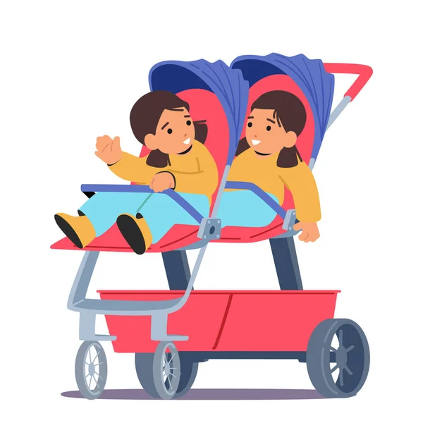 白い背景に隔離されたベビーカーやバギーで赤ちゃんの女の子の双子 かわいい子供の幼児のキャラクターは ダブルサマープログラムや通りを歩くための馬車に座っています 漫画人ベクトルイラスト — ストックベクタ