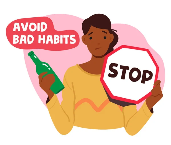 Avoid Bad Habits Banner Woman Holding Stop Sign Alcohol Bottle — 스톡 벡터