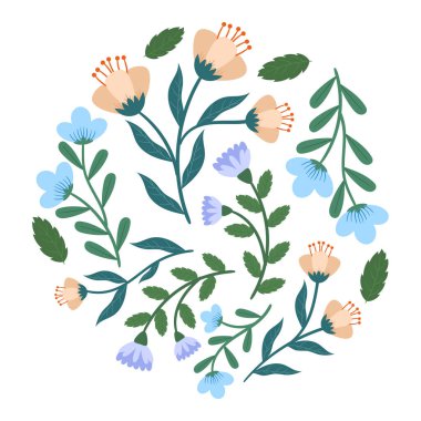 Round Shape Filled with Flowers, Floral Circle Graphic Design Element for Spring Greeting Cards, Invitation. Cute Blossoms and Branches Element Isolated on White Background Cartoon Vector Illustration