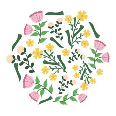 Hexagon Shape Filled with Spring or Summer Flowers. Graphic Design Element for Greeting Cards, Invitation, Decor. Cute Simple Style Blossoms Isolated on White Background Cartoon Vector Illustration