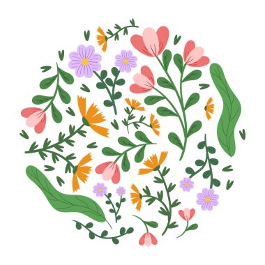 Round Shape Filled with Flowers, Leaves and Blossoms. Cute Floral Circle Graphic Design for Spring Greeting Cards, Holiday Invitation Isolated on White Background. Cartoon Vector Illustration