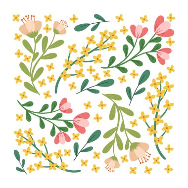 Square Shape Filled with Flowers, Twigs, Leaves and Floral Elements. Graphic Design for Spring Invitation Cards. Cute Simple Style Blossoms Isolated on White Background Cartoon Vector Illustration