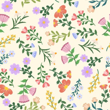 Seamless Repeated Ornament with Flowers, Cute Pattern with Simple Style Flat Blossoms on Beige Backdrop. Tiled Botanical Design for Summer or Spring Textile, Wallpaper. Cartoon Vector Illustration