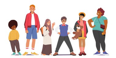 Diverse Children Stand in Row, Girls and Boys of Different Races and Ages, Multiracial and Multicultural Kids, Teen or Preteens Male and Female Characters. Cartoon People Vector Illustration