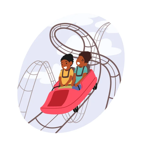 Little Kids Characters Riding Roller Coaster, Extreme Recreation in Amusement Park, Fun Fair Carnival Weekend Activity, Children Leisure, Summer Vacation Relax. Cartoon People Vector Illustration