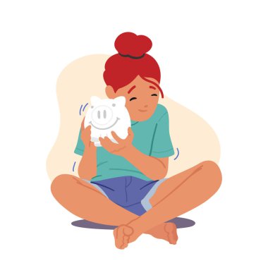 Teen Girl Character Shaking Piggy Bank. Teenager Collecting Money for Dream, Savings, Stash or Investment Concept with Pig Moneybox Isolated on White Background. Cartoon People Vector Illustration