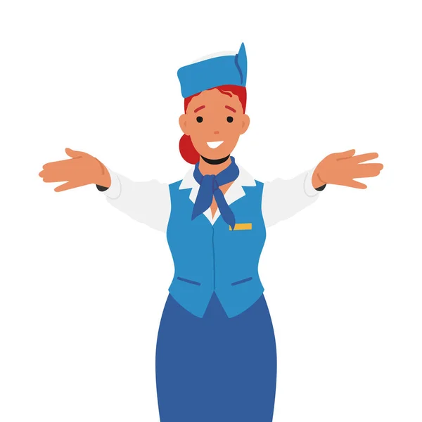 Stewardess Flight Attendant Air Hostess Blue Uniform Cap Explain Information — Stockvektor