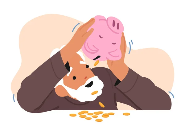 Male Character Shaking Piggy Bank Coins Falling Desk Money Savings — стоковий вектор
