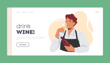 Sommelier Tasting Wine Landing Page Template. Specialist Male Character Tasting Aroma and Drink Beverage from Wineglass. Alcohol Drink Degustation, Tasting. Cartoon People Vector Illustration