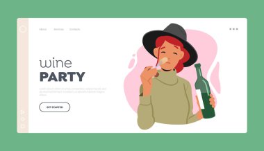 Wine Party Landing Page Template. Sommelier Alcohol Drink Degustation Process, Female Character Tasting Wine, Sniff Cork. Specialist with Beverage in Bottle. Cartoon People Vector Illustration