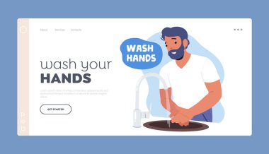 Man Washing Hands Landing Page Template. Hygiene Procedure Concept with Male Character Wash Palms with Soap under Water Jet. Health Care and Immunity Boost. Cartoon Vector Illustration