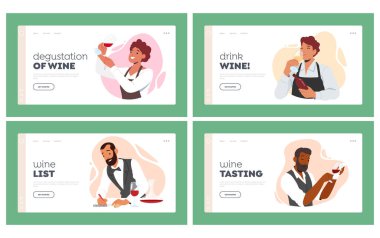 Wine Degustation Landing Page Template Set. Sommelier or Stewards Restaurant Expert Characters Provide Wine Service, Menu Certification, International Travel Guild. Cartoon People Vector Illustration