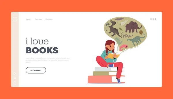 Love Books Landing Page Template Girl Characters Studying Prehistoric Animals — 스톡 벡터