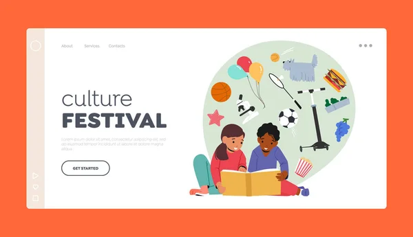 Culture Festival Landing Page Template Little Boy Reading Books Lying — 스톡 벡터