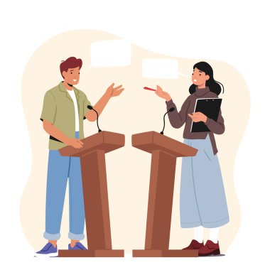 Male Female Politician Characters Debate On Rostrum for Gender Equality. Debate Before Vote Concept with Leaders Of Opposing Political Parties Talking On Public Debates. Cartoon Vector Illustration