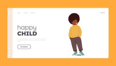Happy Child Landing Page Template. Little African American Boy with Curly Hair Standing with Arms in Pockets. Toddler Kid Character with Black Skin Happily Smiling. Cartoon People Vector Illustration