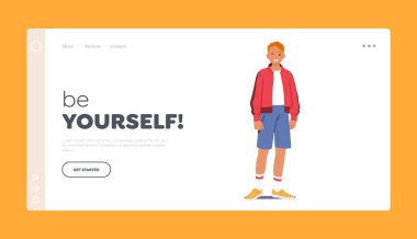 Teen Boy Landing Page Template. Cheerful Redhead Teenager Wink Eye Standing Full Height. Young Male Character Wearing Jacket, Shorts and Sneakers with Socks. Cartoon People Vector Illustration
