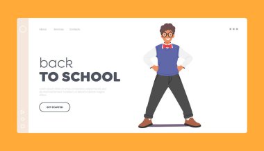 Back to School Landing Page Template. Happy Little Boy Wear Glasses. Child Character Smiling. Happy Emotion, Kid Positivity, Happiness and Childhood Concept. Cartoon Vector Illustration