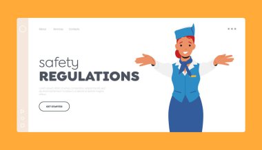 Safety Regulations Landing Page Template. Stewardess Air Hostess in Blue Uniform and Cap Explain Information to Passengers in Airplane. Airline Staff Female Character. Cartoon Vector Illustration