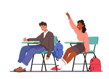 Student Characters Sitting at Desk with Textbook Raising Hand in Classroom, Girl Answer Lesson, Boy Writing in Notebook. Pupils Studying, Gaining Knowledge and Education. Cartoon Vector Illustration