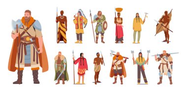 Set of Multiethnic People. Male and Female Characters Viking, African Tribes, Indian American Persons in Traditional Clothes with Weapon and Armor. Cartoon Vector Illustration