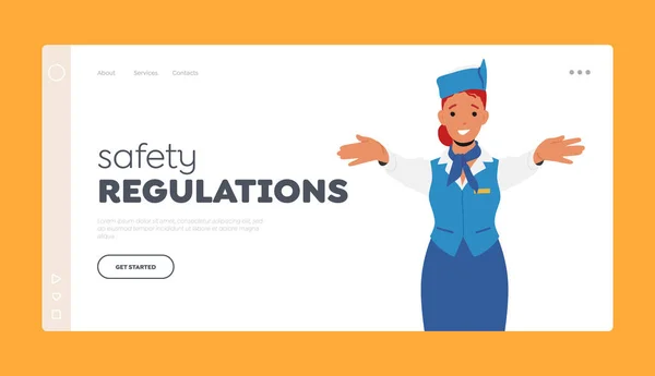 Safety Regulations Landing Page Template Stewardess Air Hostess Blue Uniform — Stockvektor