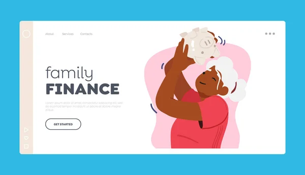 Family Finance Landing Page Template Old Female Character Shaking Piggy —  Vetores de Stock