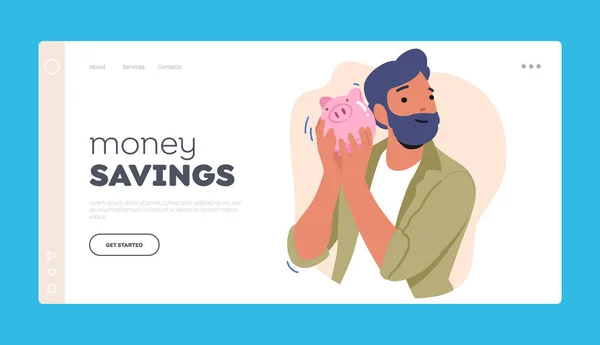 Money Savings Landing Page Template Male Character Shaking Piggy Bank — стоковий вектор