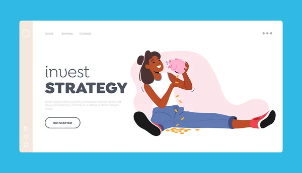 Invest Strategy Landing Page Template African Female Character Shaking Piggy —  Vetores de Stock